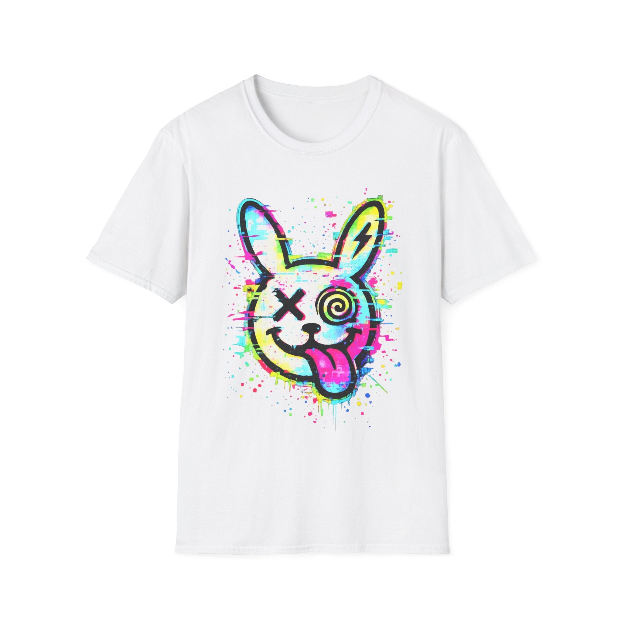 Neon Glitch Bunny T-Shirt | Cyberpunk Street Art Rabbit | Static Dust Graphic Tee | Alternative Graffiti Shirt