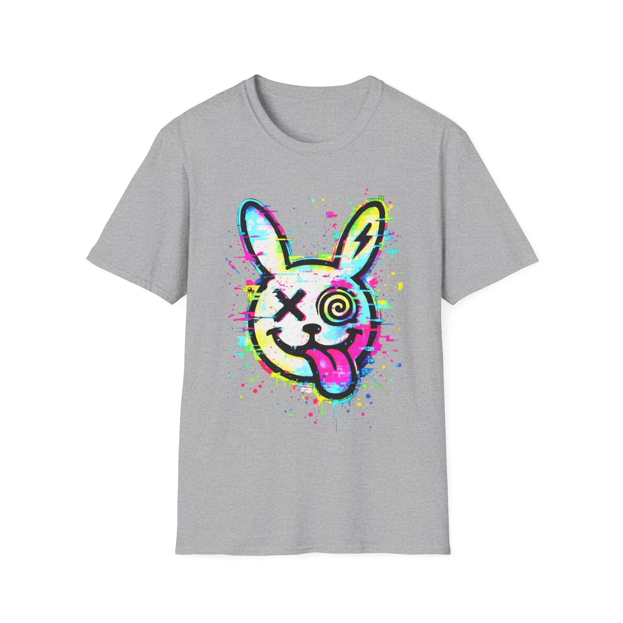 Neon Glitch Bunny T-Shirt | Cyberpunk Street Art Rabbit | Static Dust Graphic Tee | Alternative Graffiti Shirt