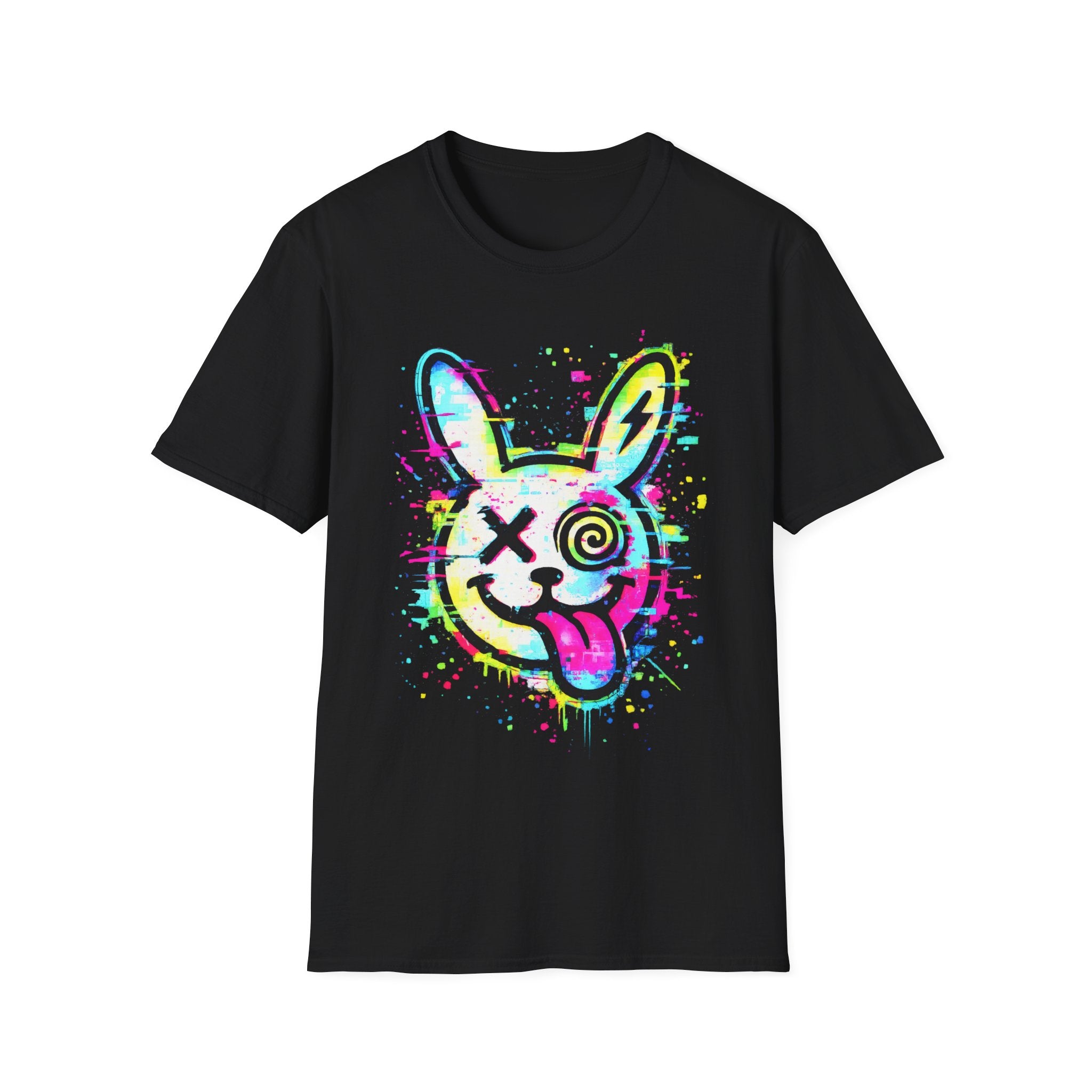 Neon Glitch Bunny T-Shirt | Cyberpunk Street Art Rabbit | Static Dust Graphic Tee | Alternative Graffiti Shirt