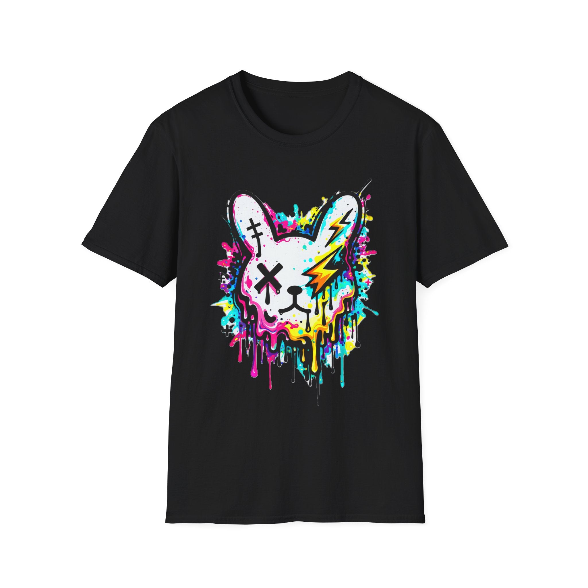 Color Splash Bunny T-Shirt | Neon Paint Drip Rabbit Tee | Graffiti Streetwear Shirt | Static Dust Graphic