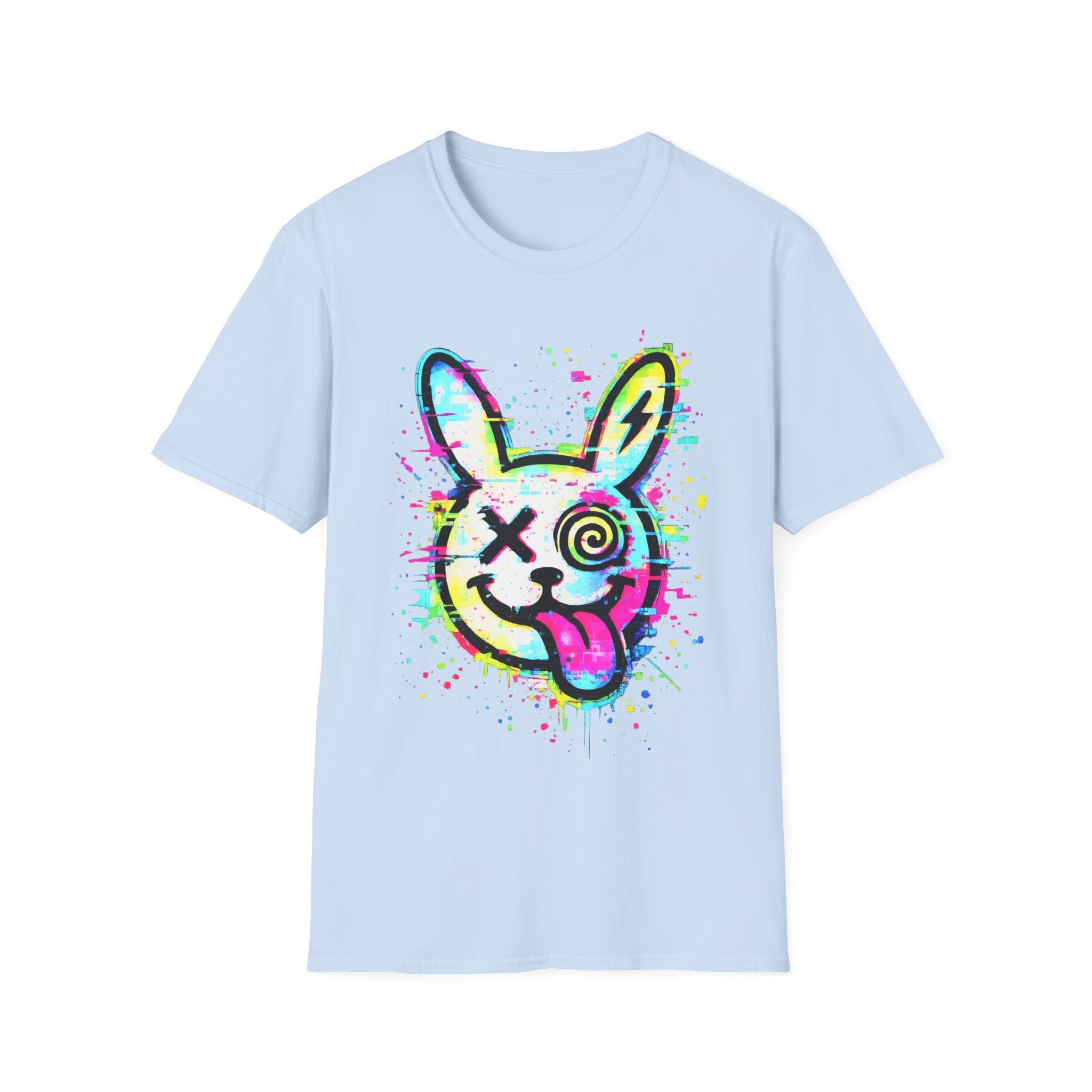 Neon Glitch Bunny T-Shirt | Cyberpunk Street Art Rabbit | Static Dust Graphic Tee | Alternative Graffiti Shirt