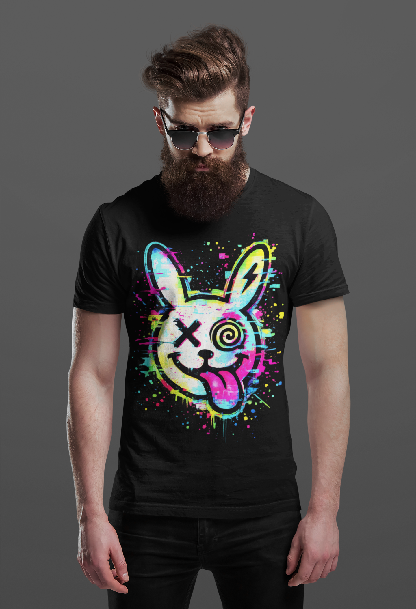 Neon Glitch Bunny T-Shirt | Cyberpunk Street Art Rabbit | Static Dust Graphic Tee | Alternative Graffiti Shirt