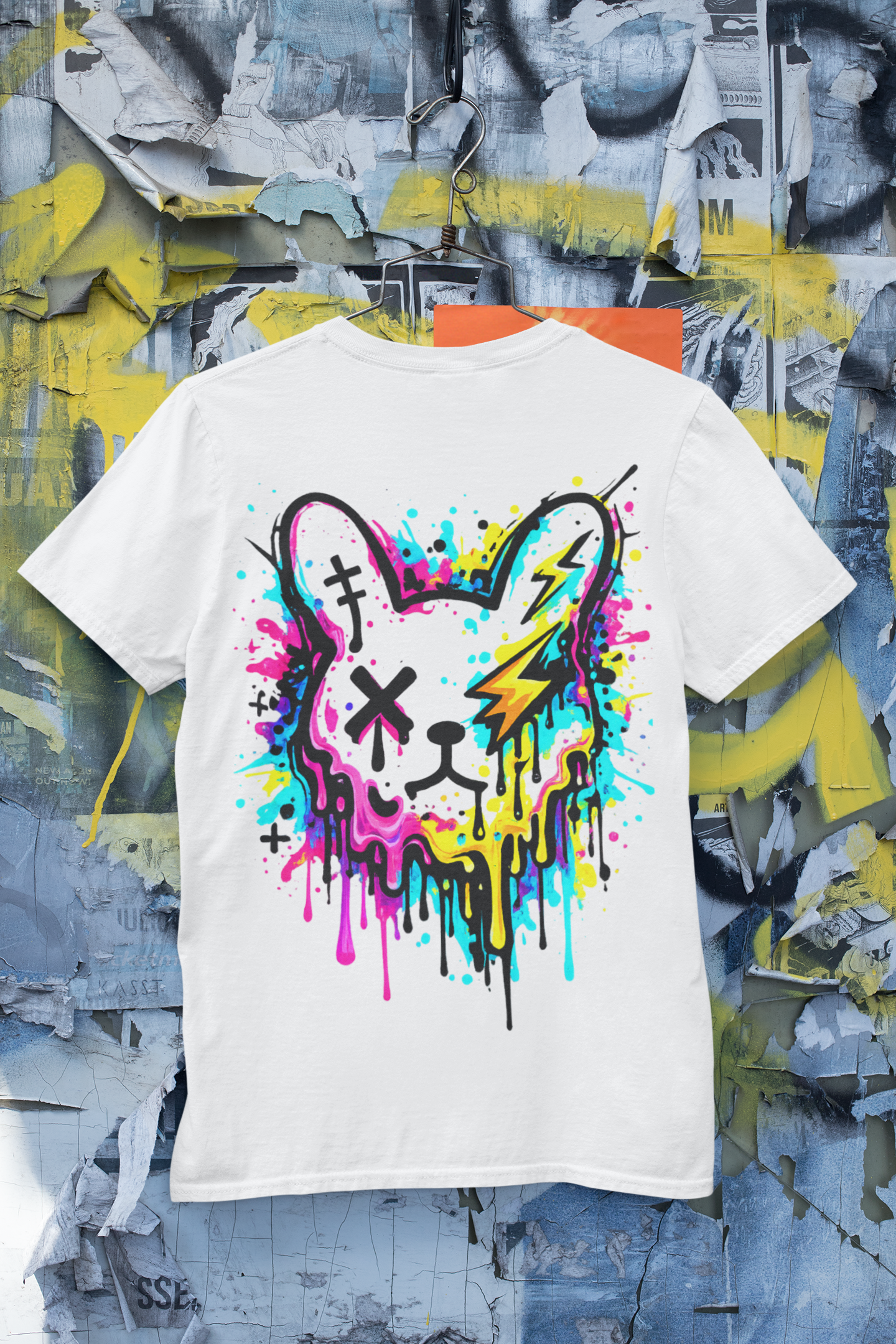Color Splash Bunny T-Shirt | Neon Paint Drip Rabbit Tee | Graffiti Streetwear Shirt | Static Dust Graphic