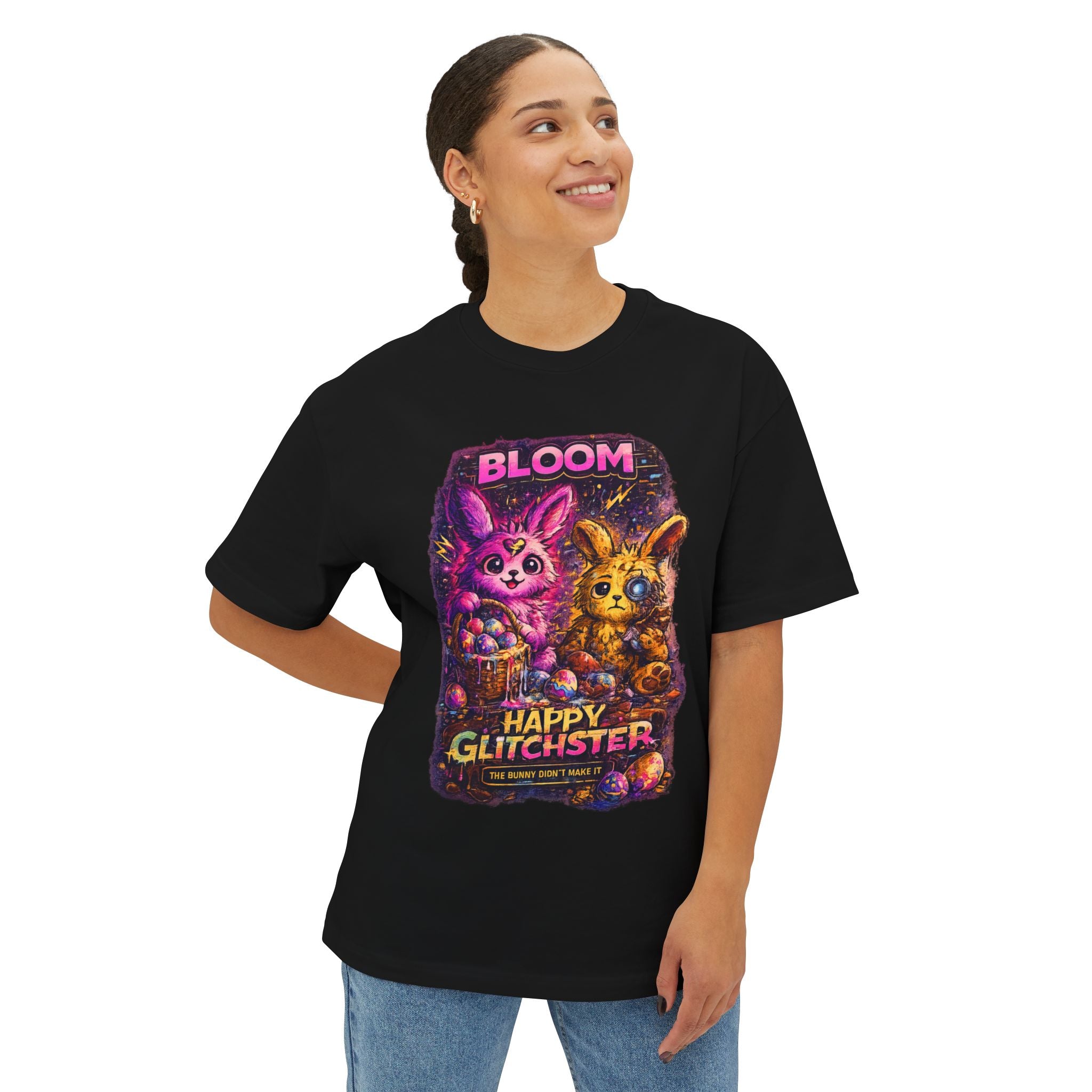 Happy Glitchster Bunny T-Shirt – Static Dust Bloom Bunny Tee – Glitch Easter Shirt – Cyber Bunny Graphic Tee – Limited Edition Dust Bunny