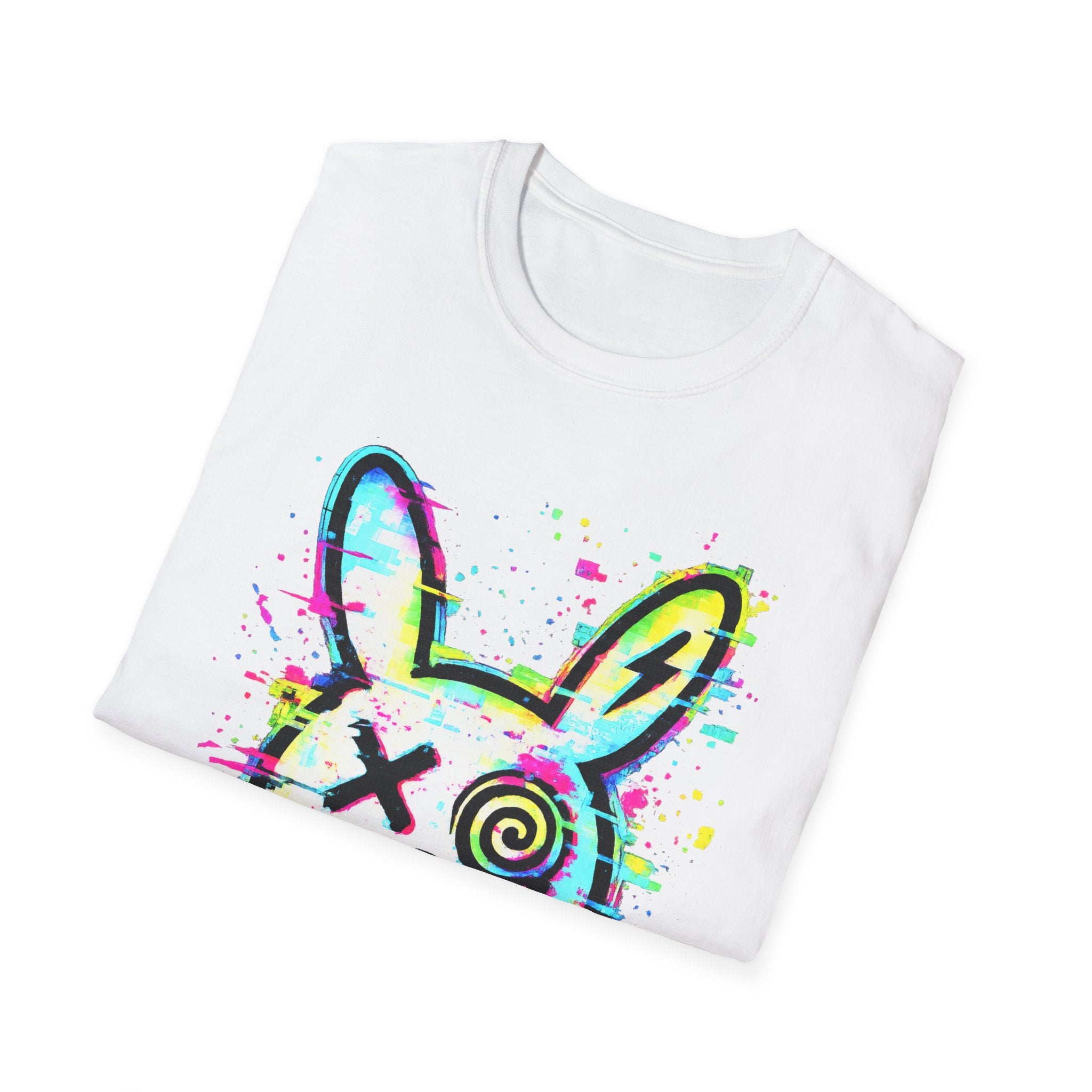 Neon Glitch Bunny T-Shirt | Cyberpunk Street Art Rabbit | Static Dust Graphic Tee | Alternative Graffiti Shirt