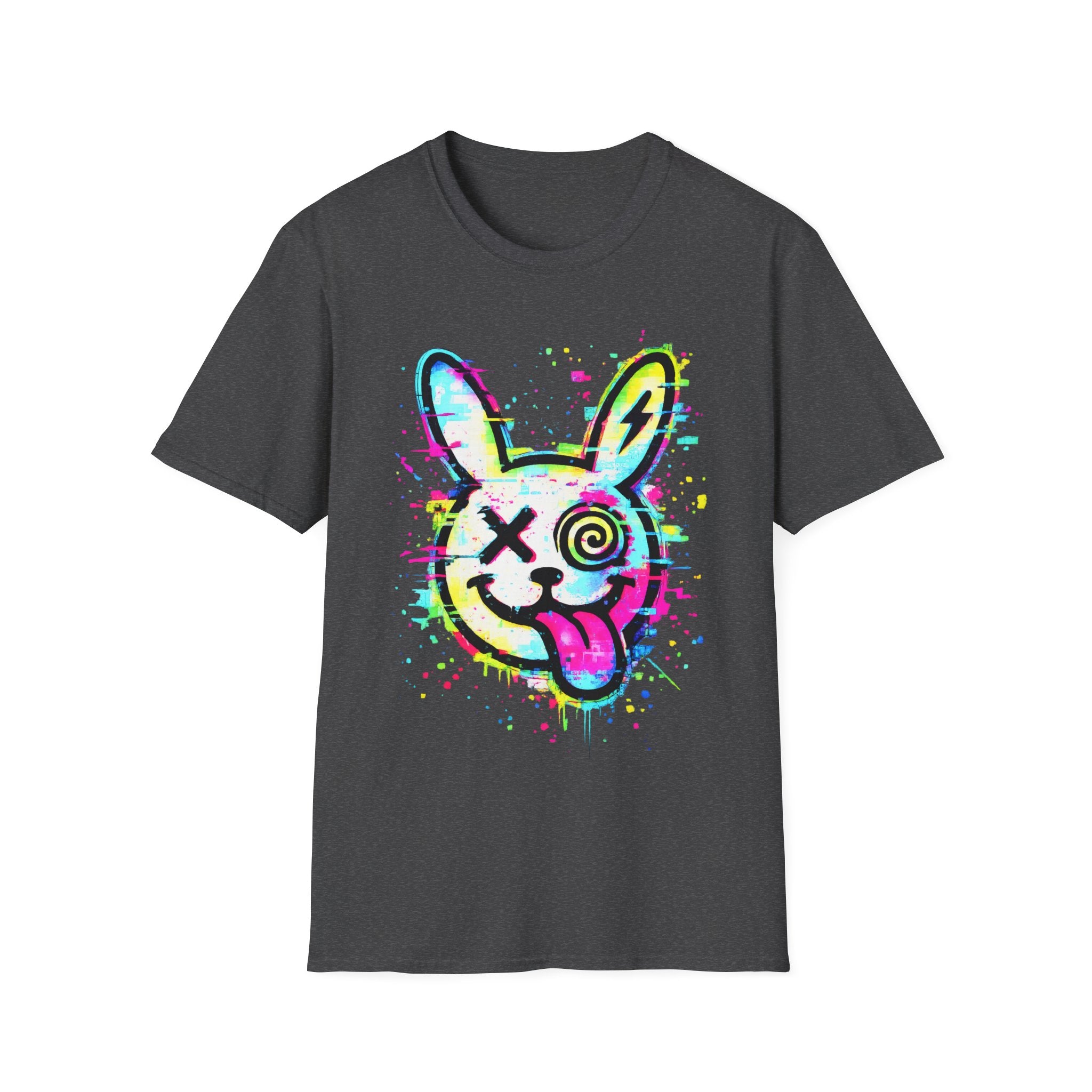 Neon Glitch Bunny T-Shirt | Cyberpunk Street Art Rabbit | Static Dust Graphic Tee | Alternative Graffiti Shirt