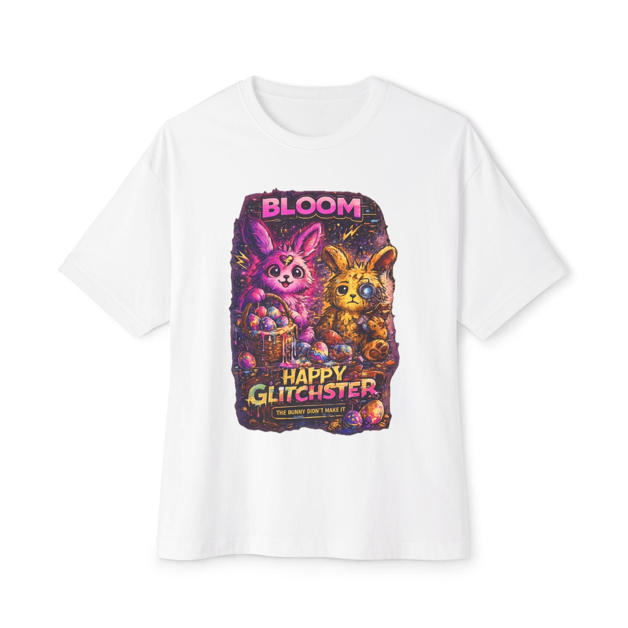 Happy Glitchster Bunny T-Shirt – Static Dust Bloom Bunny Tee – Glitch Easter Shirt – Cyber Bunny Graphic Tee – Limited Edition Dust Bunny