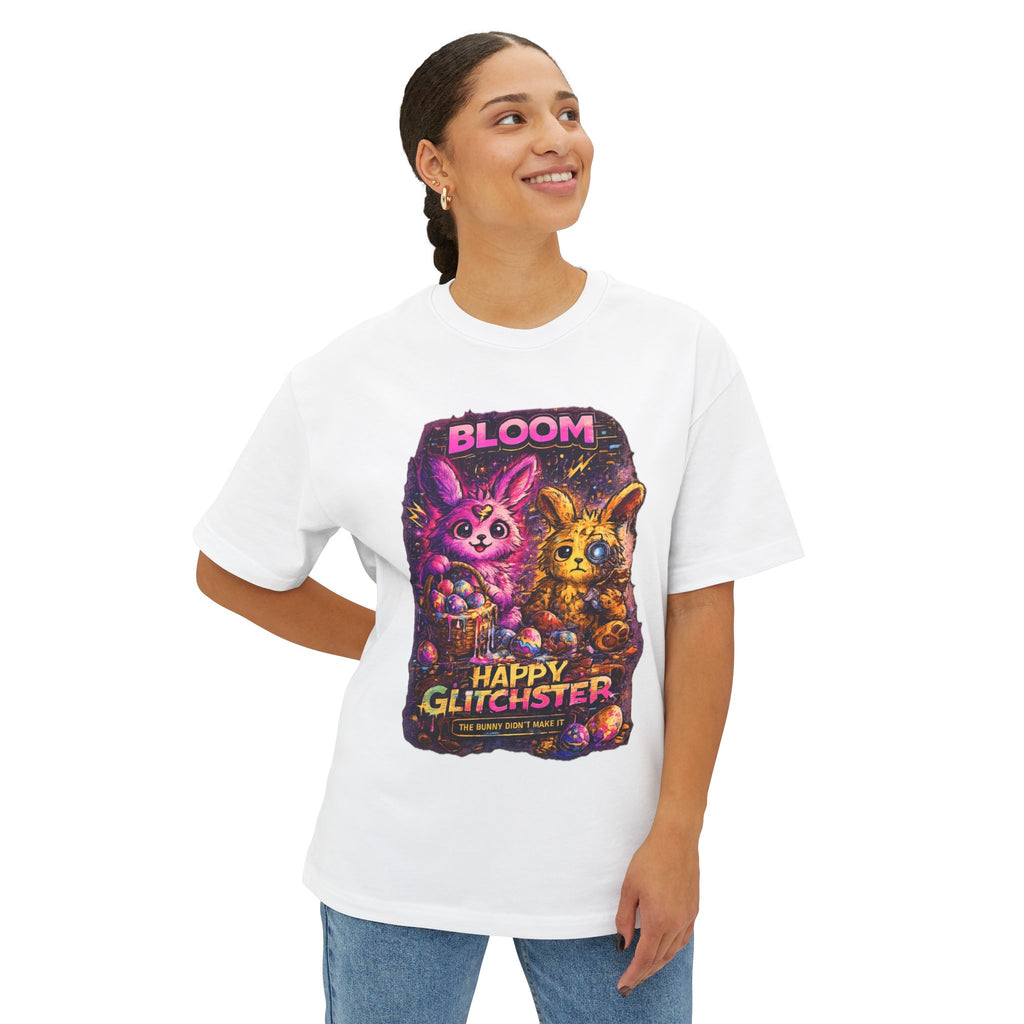 Happy Glitchster Bunny T-Shirt – Static Dust Bloom Bunny Tee – Glitch Easter Shirt – Cyber Bunny Graphic Tee – Limited Edition Dust Bunny
