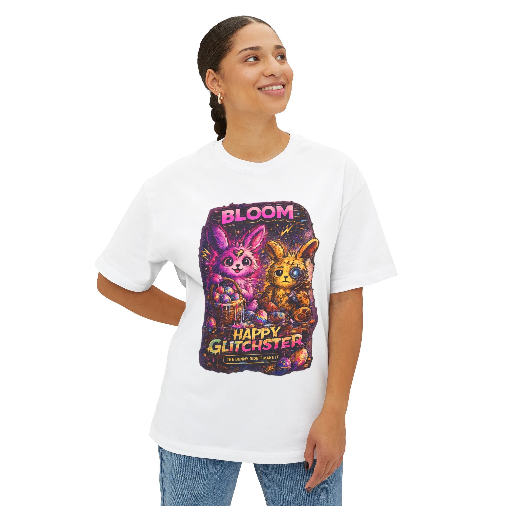 Happy Glitchster Bunny T-Shirt – Static Dust Bloom Bunny Tee – Glitch Easter Shirt – Cyber Bunny Graphic Tee – Limited Edition Dust Bunny